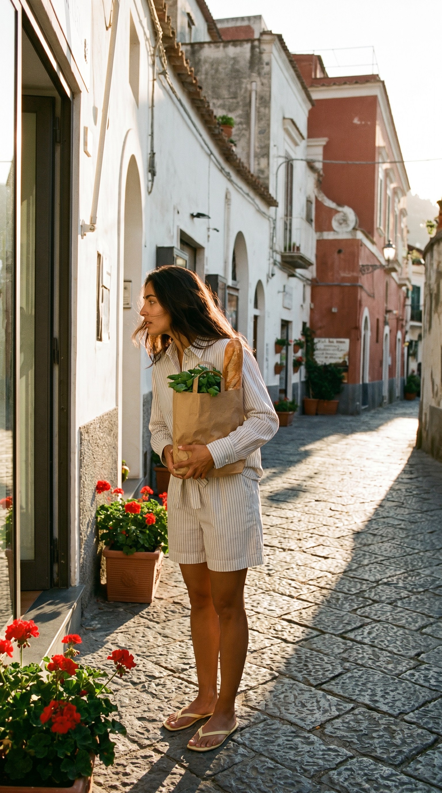 Womenswear: modelo com conjunto às riscas numa rua de calçada mediterrânica