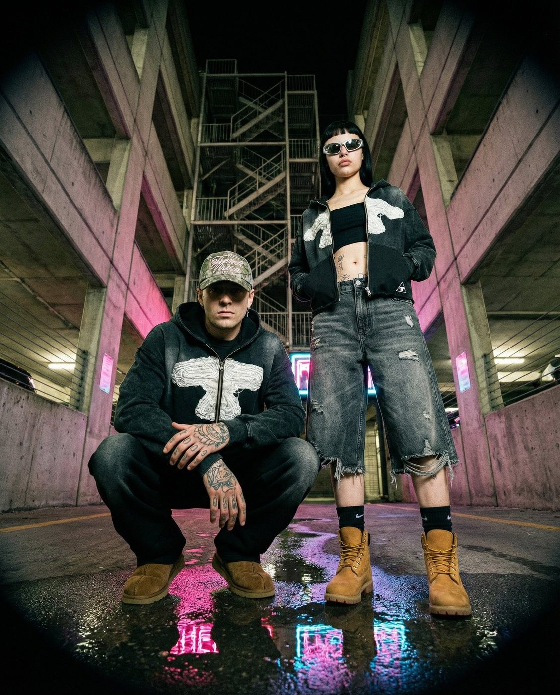 Dois modelos com o zip-up 5LOOP sob uma estrutura iluminada a néon