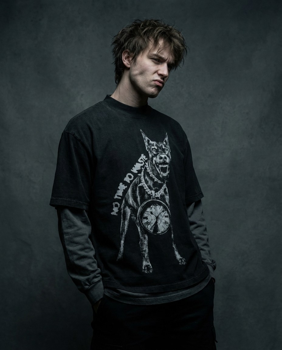 Modelo masculino com a t-shirt No Time to Waste, em fundo escuro