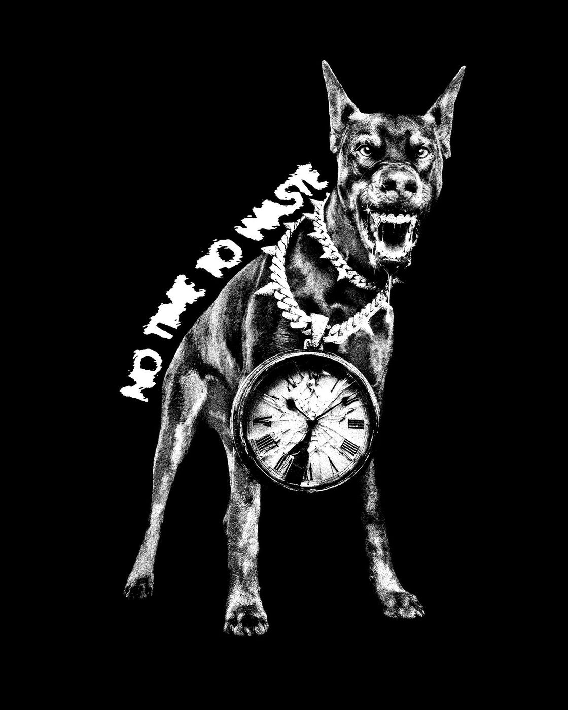 Ilustração No Time to Waste: dobermann com corrente e relógio, a branco sobre preto