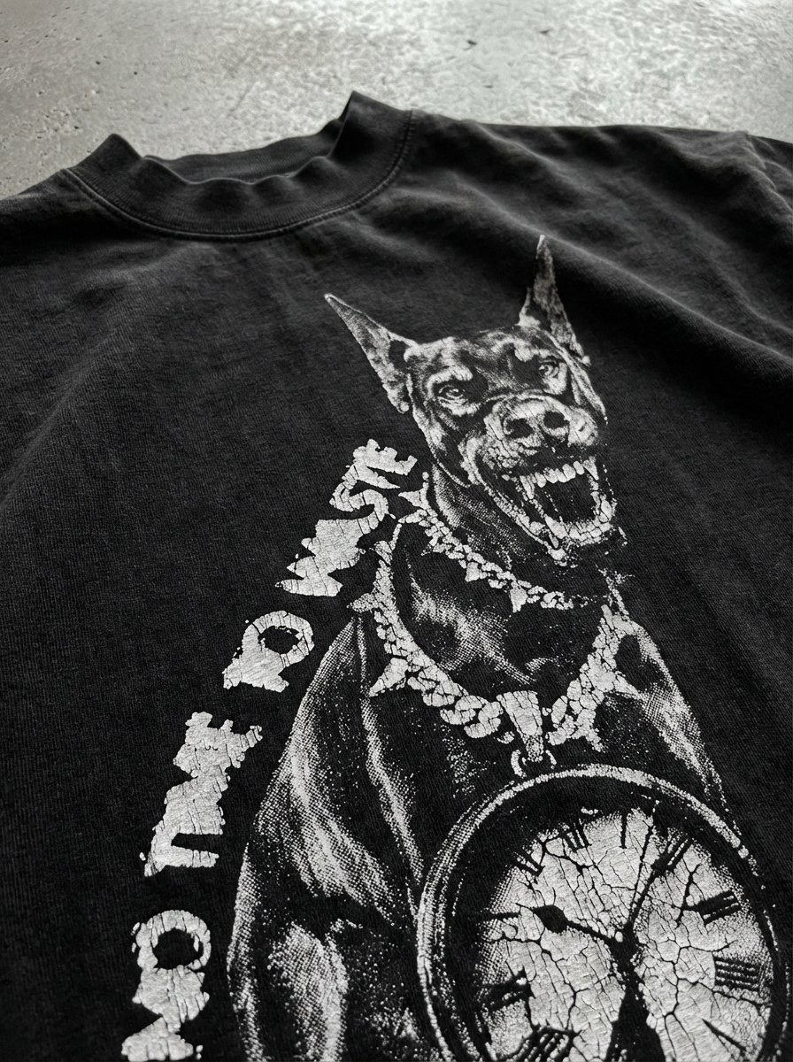 Pormenor da t-shirt No Time to Waste: dobermann com um relógio, estampado a branco