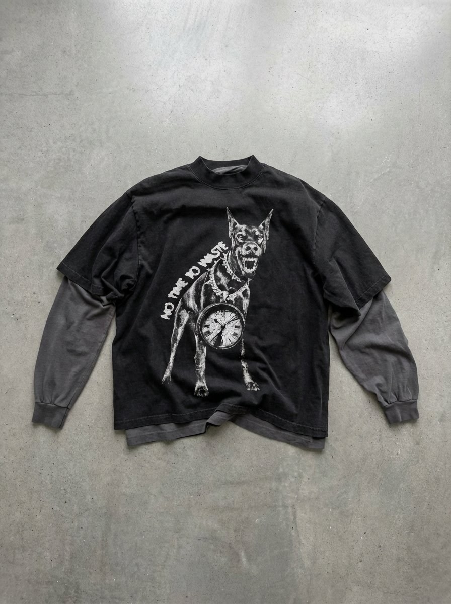 T-shirt No Time to Waste em flat lay, com mangas compridas sobrepostas