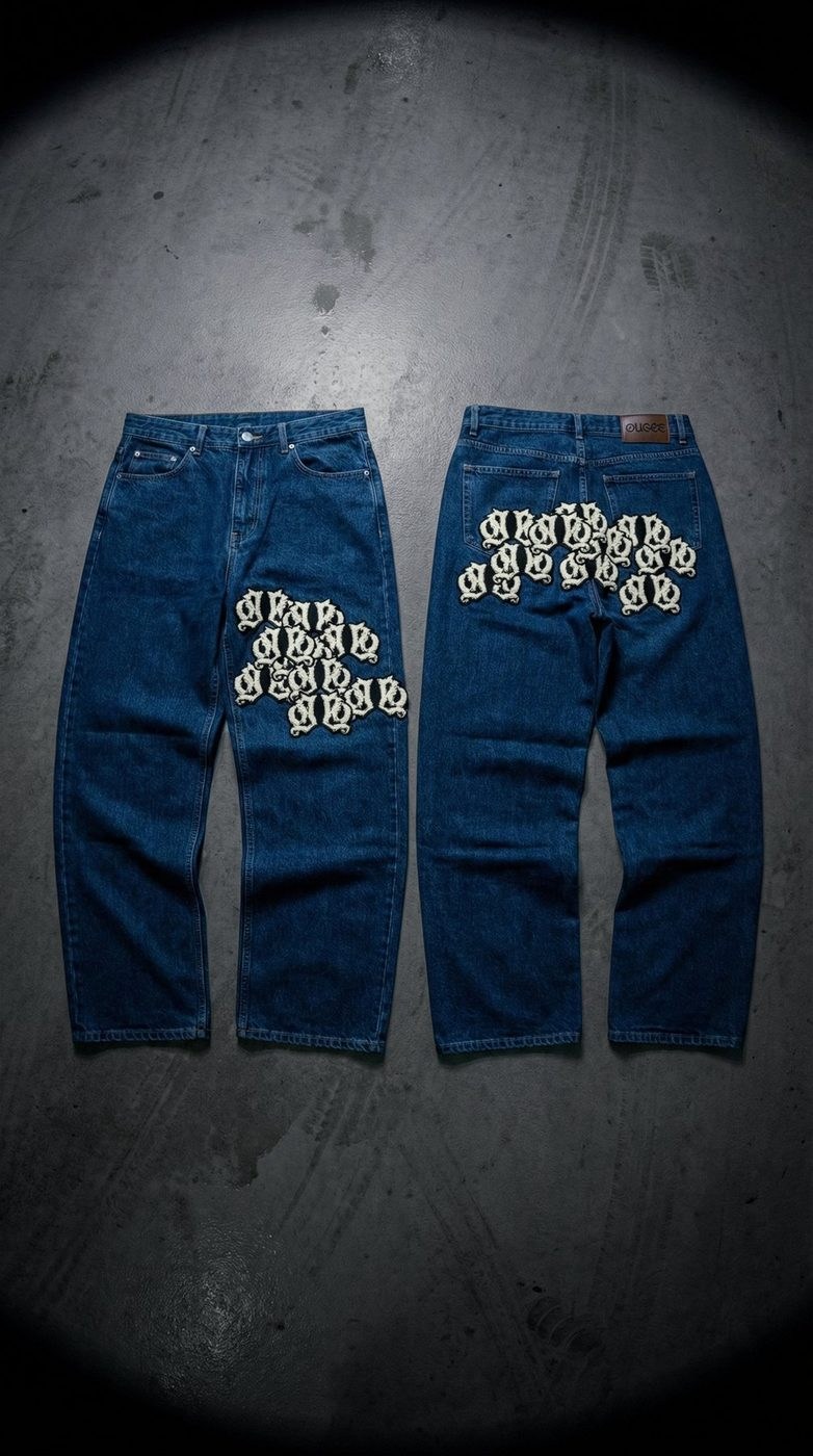 Jeans OUGEE azuis com bordados nos bolsos, frente e costas