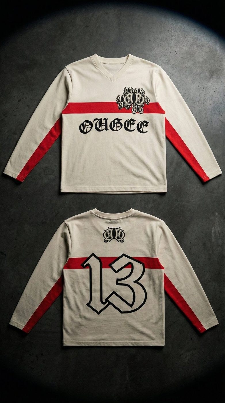 Longsleeve OUGEE creme com risca vermelha, frente e costas com o número 13