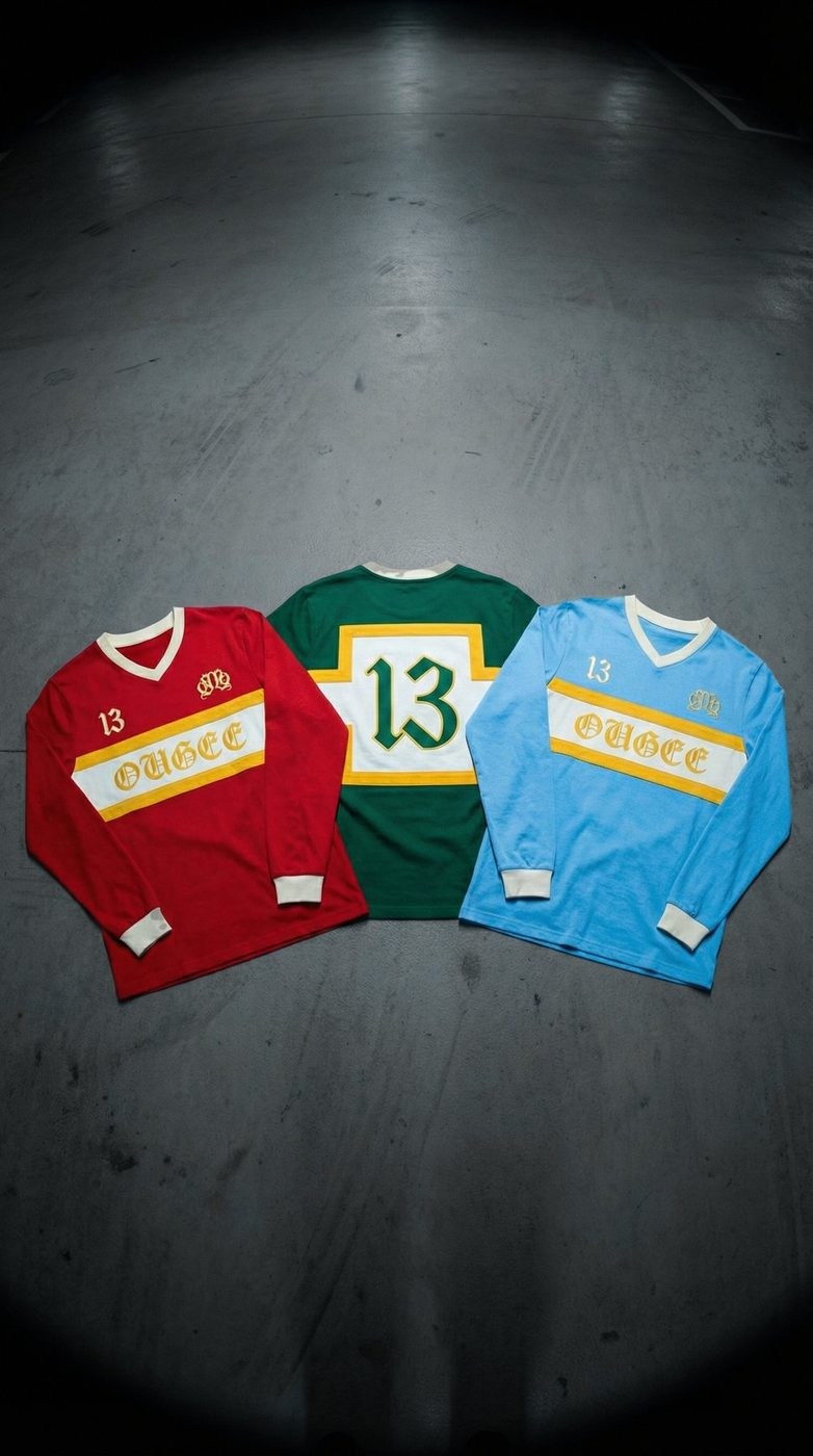 Três longsleeves OUGEE: vermelha, verde e azul