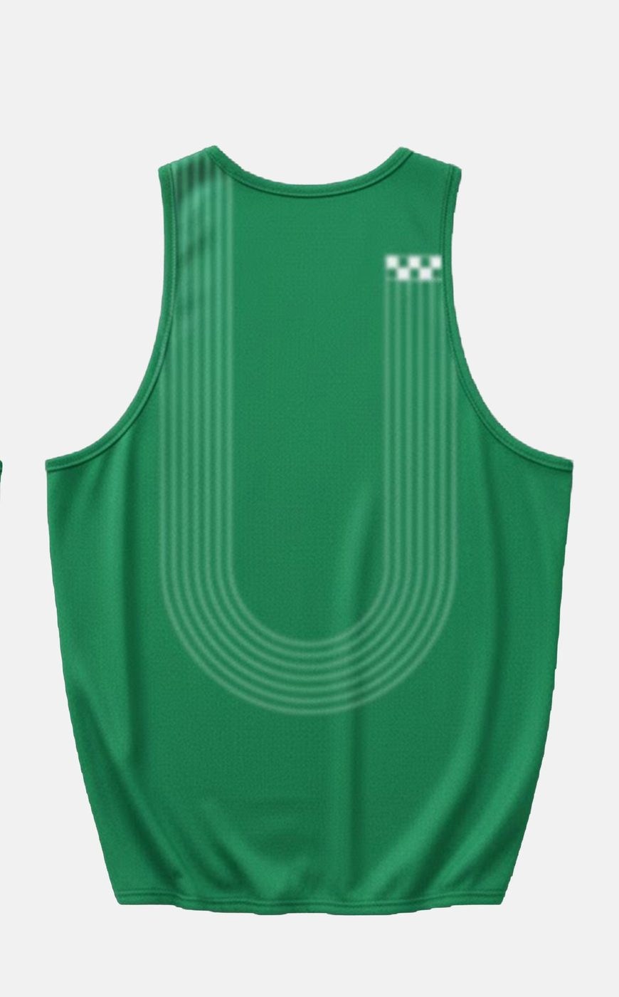 Camisola de alças UVU verde, costas, com linhas de pista