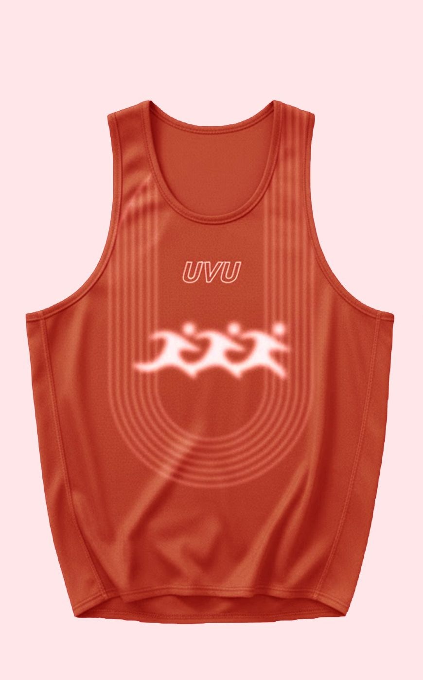 Camisola de alças UVU laranja, frente, com três corredores estampados