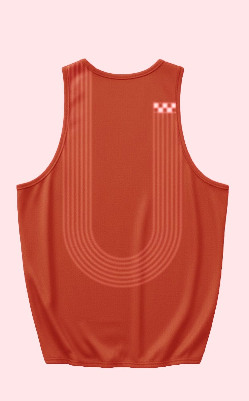 Camisola de alças UVU laranja, costas, com linhas de pista