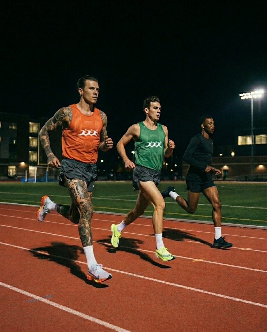 Três atletas a correr numa pista de atletismo à noite, com camisolas UVU